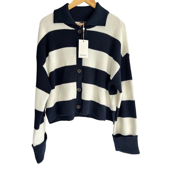 Quince Large 100% Organic Cotton Navy & White Fisherman Collared Cardigan NEW - Picture 1 of 7